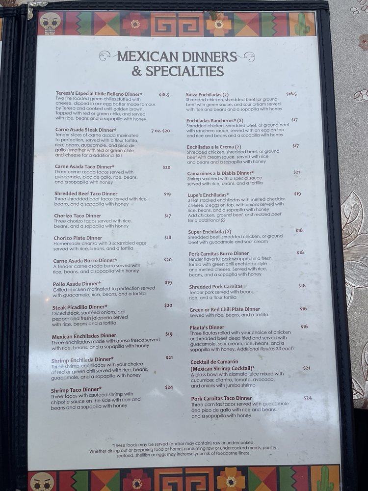 Menu - Mexican Dinners and Specialties