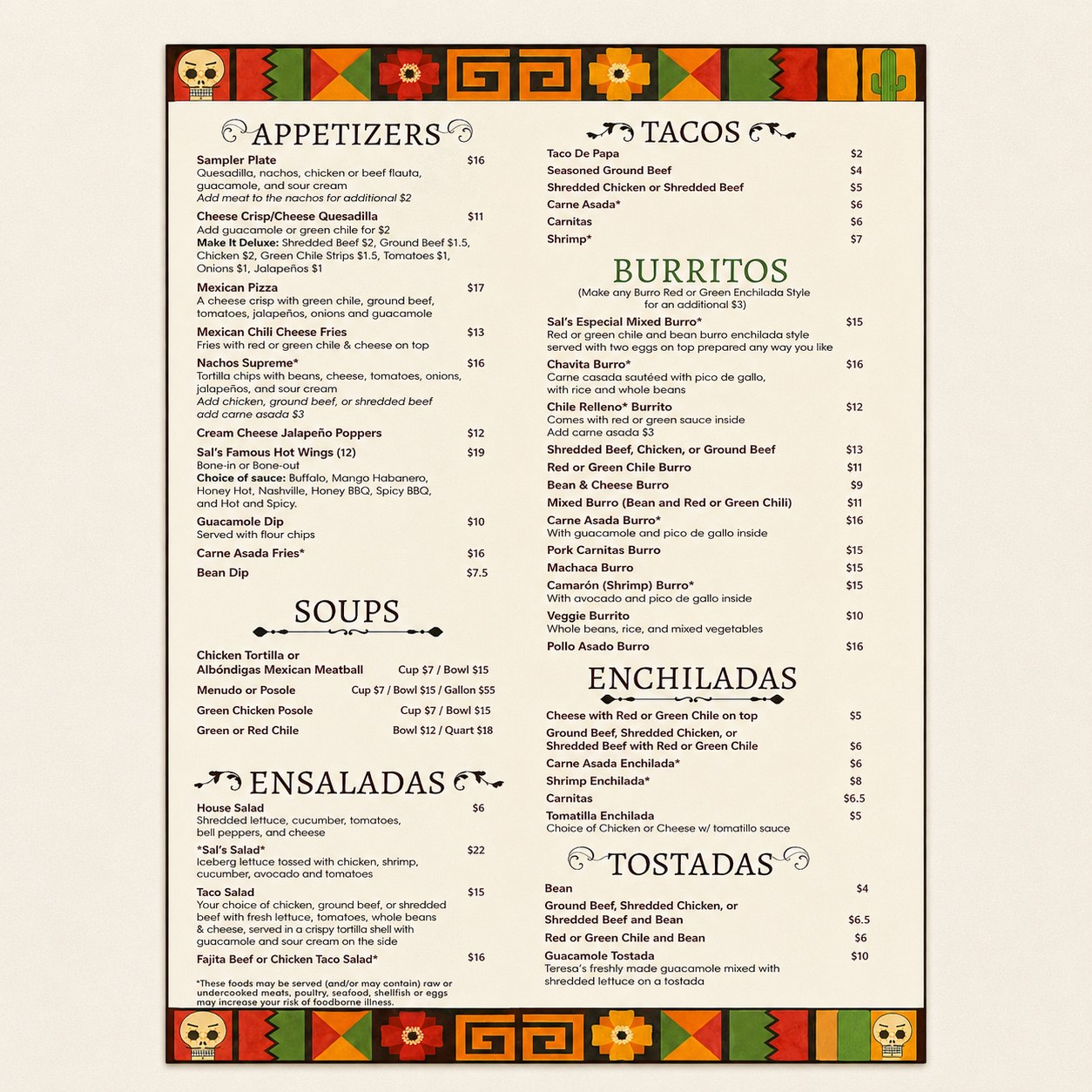 Sal and Teresa's menu - appetizers, tacos, burritos, enchiladas and tostadas