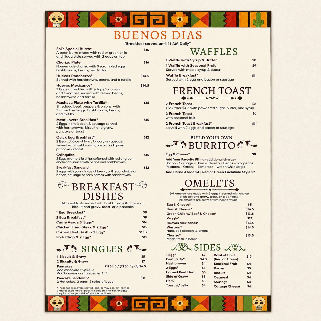 Sal and Teresa's menu - breakfast served until 11am
