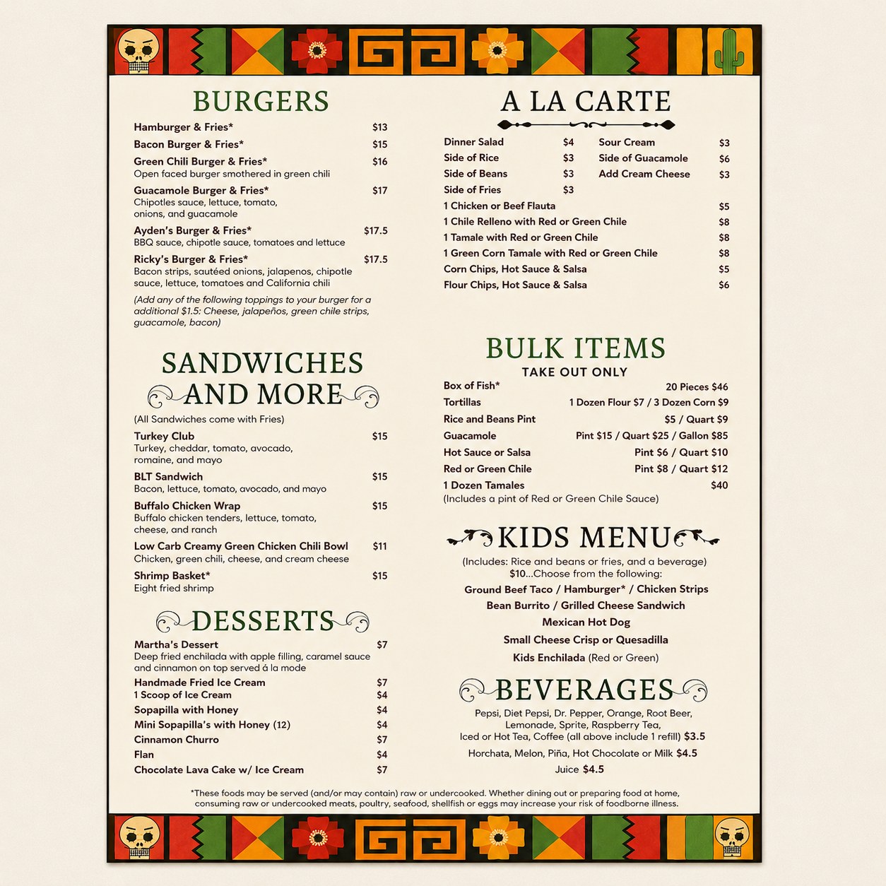 Sal and Teresa's menu - burgers, sandwiches, a la carte, kids menu and beverages