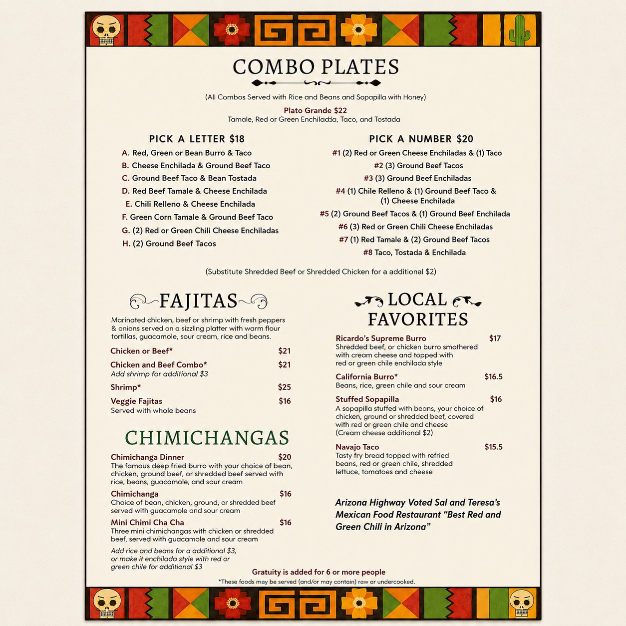 Sal and Teresa's menu - combo plates, fajitas and chimichangas