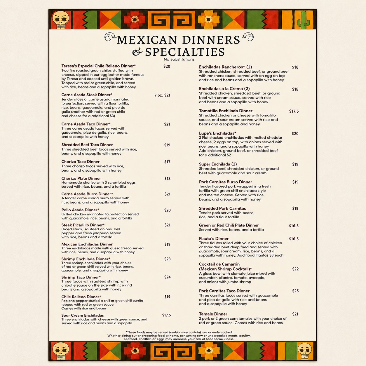 Sal and Teresa's menu - Mexican dinners and specialties